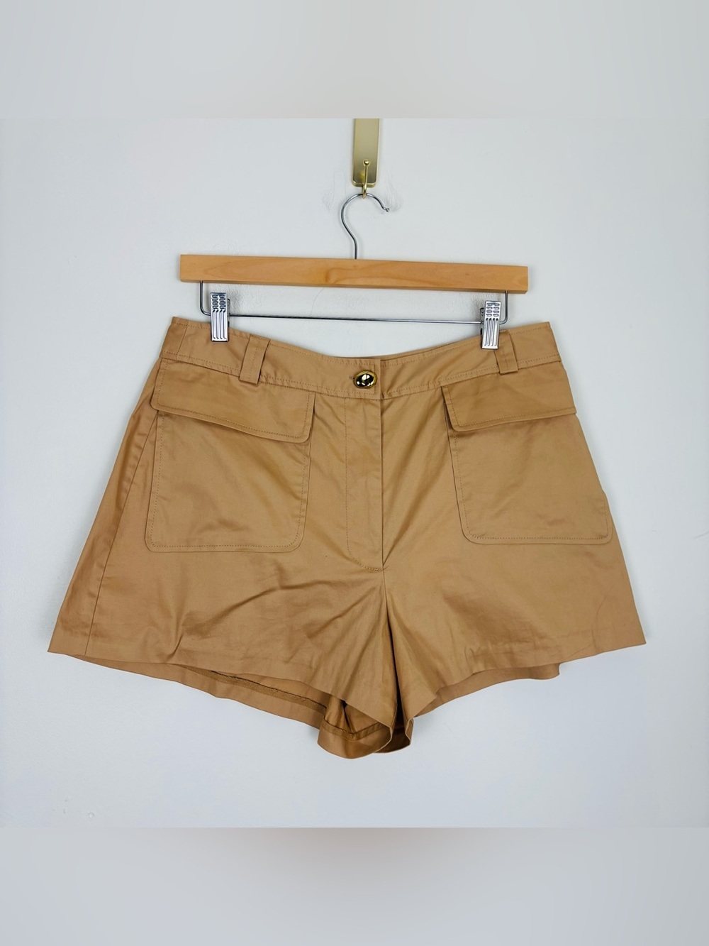 Tanya Taylor Camel Tan Front Pocket Shorts Gold Sculptural Button. 12